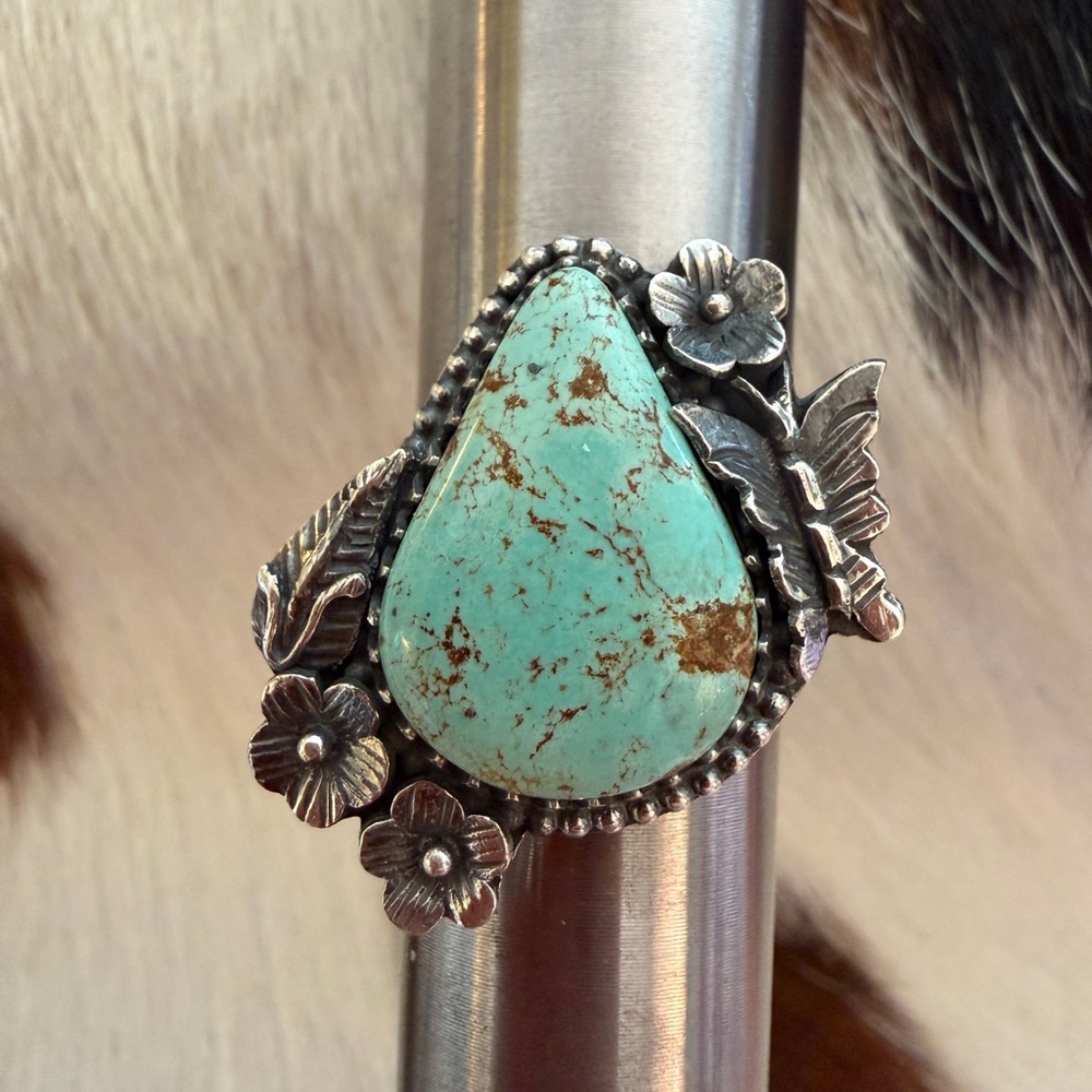 ❤️ Kingman Turquoise Statement Decorative Butterfly Floral Sterling Sz 8.75 Ring - Picture 9 of 15